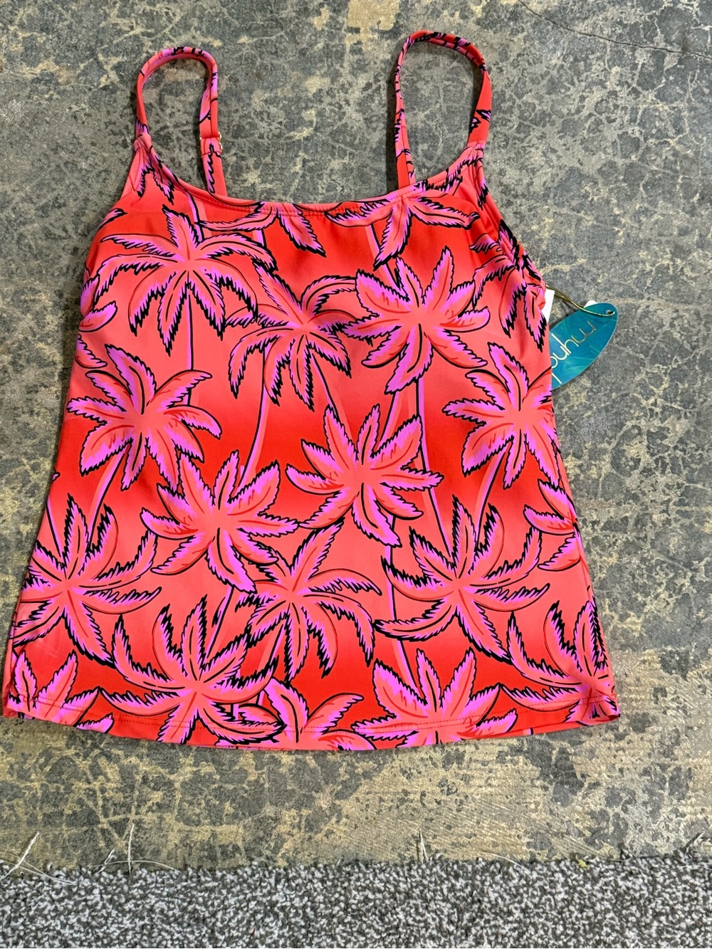 Mynah Woman’s S Coral Pink Palm Tree-Print Takini Bikini Top W/Adjustable Straps